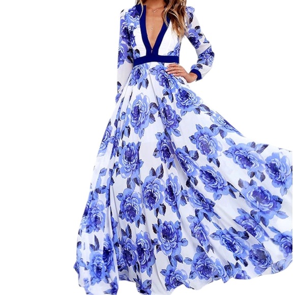 Lulus Dresses & Skirts - LULUS Blossom Buddy Blue Floral Print Plunge V-Neck Maxi Dress Size Medium